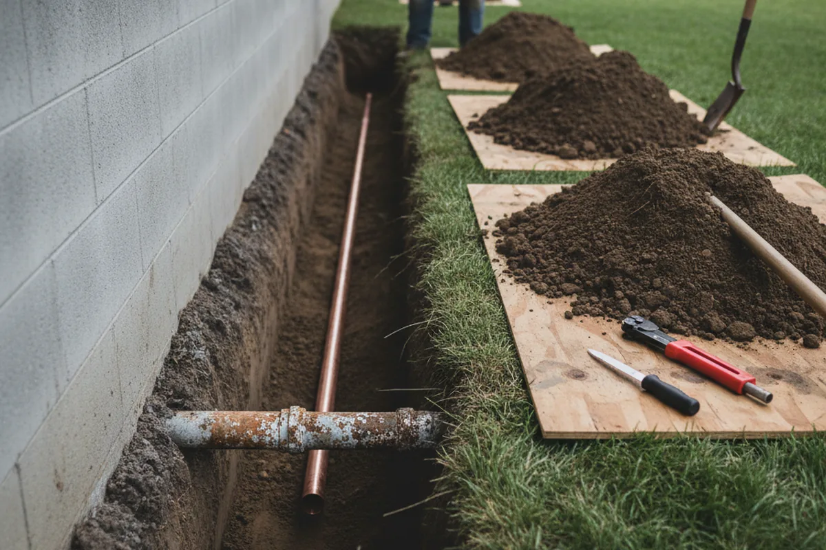 Excavated water line trench during Water Softener Installation in Sandy Hook